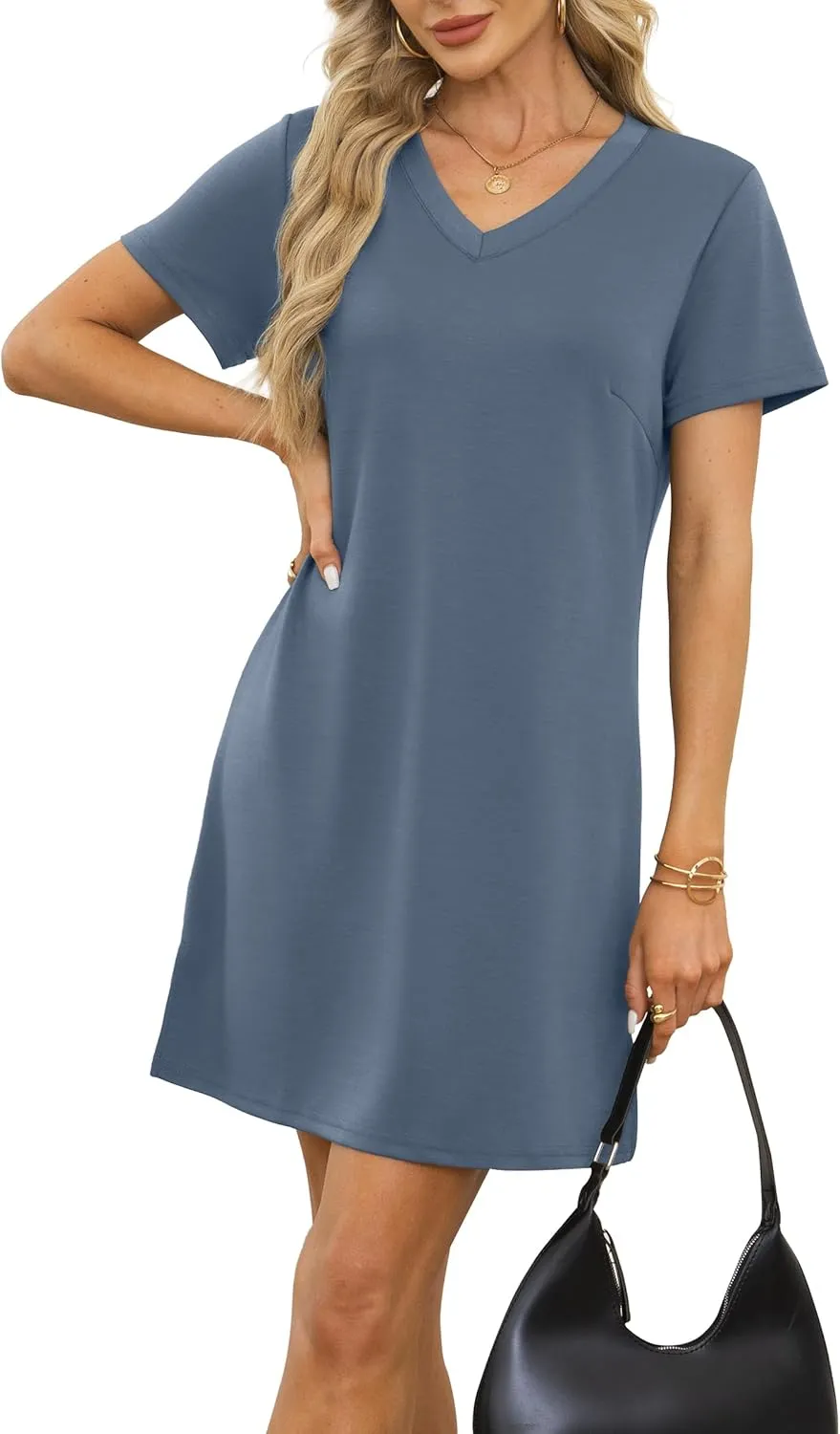 Summer Casual Dresses for Women 2025 Mini Vacation Dress V-Neck Short Sleeve Split Hem Beach Sundress