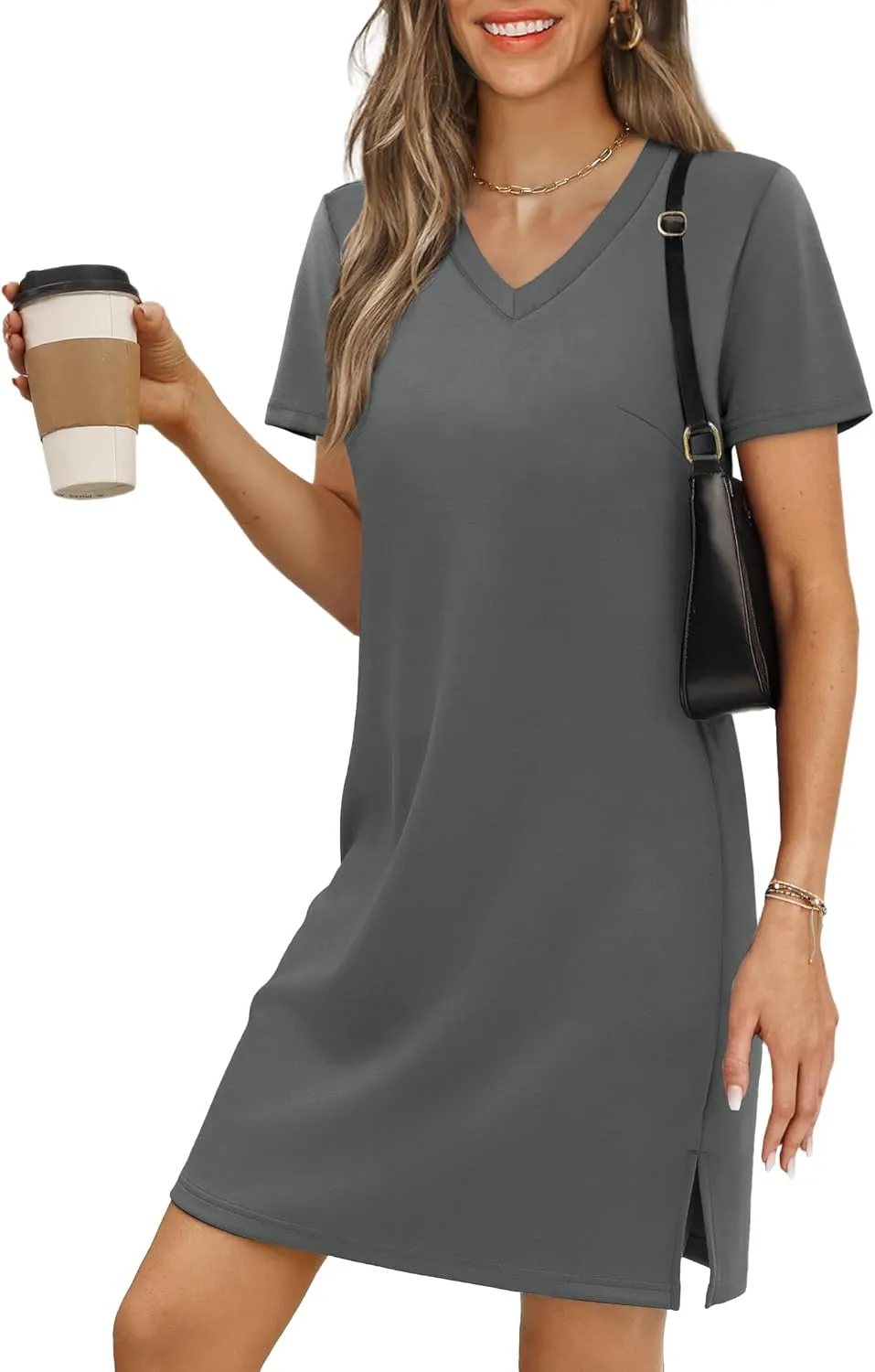 Summer Casual Dresses for Women 2025 Mini Vacation Dress V-Neck Short Sleeve Split Hem Beach Sundress