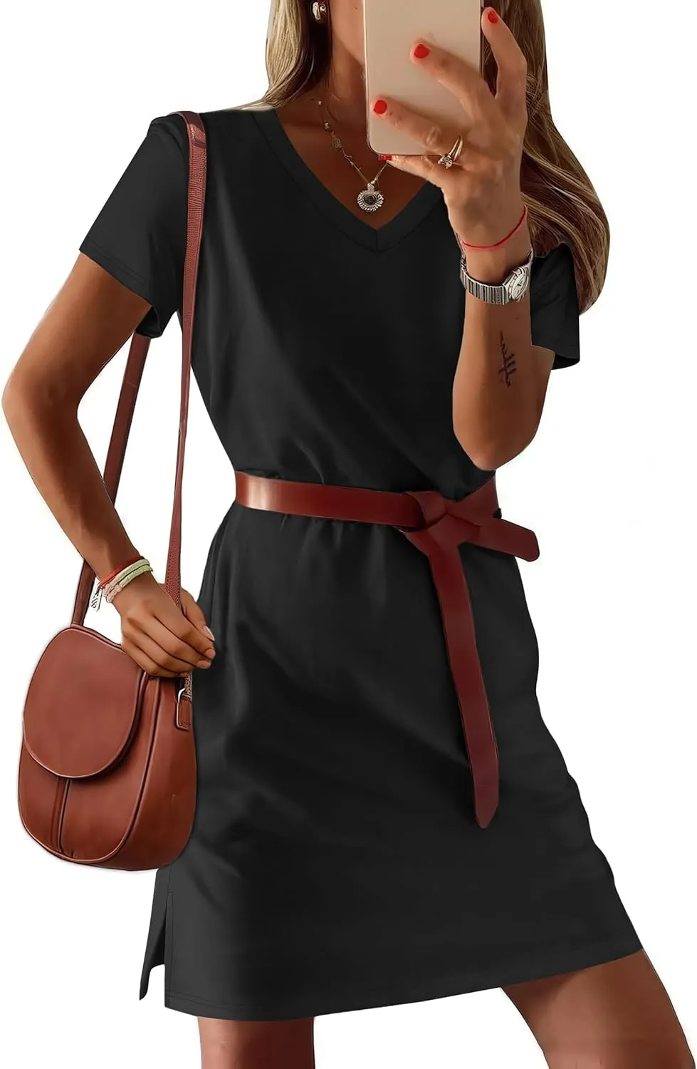 Summer Casual Dresses for Women 2025 Mini Vacation Dress V-Neck Short Sleeve Split Hem Beach Sundress