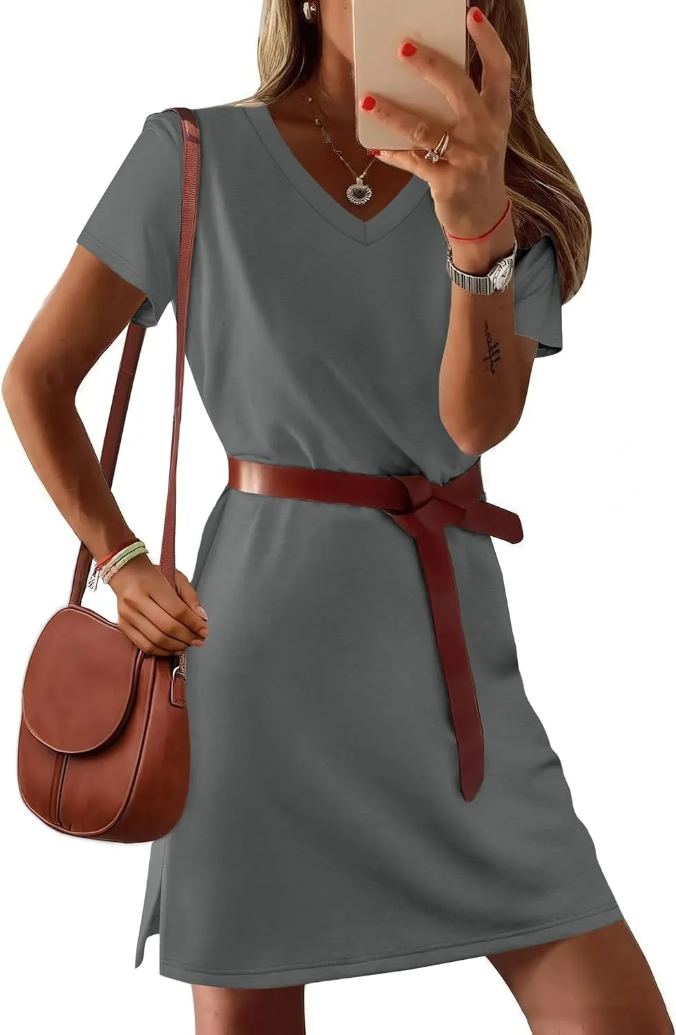 Summer Casual Dresses for Women 2025 Mini Vacation Dress V-Neck Short Sleeve Split Hem Beach Sundress