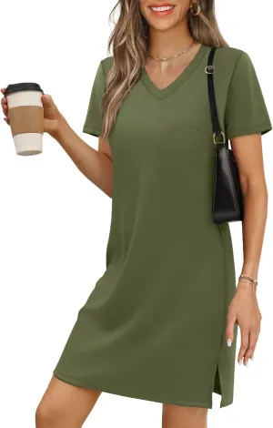 Summer Casual Dresses for Women 2025 Mini Vacation Dress V-Neck Short Sleeve Split Hem Beach Sundress