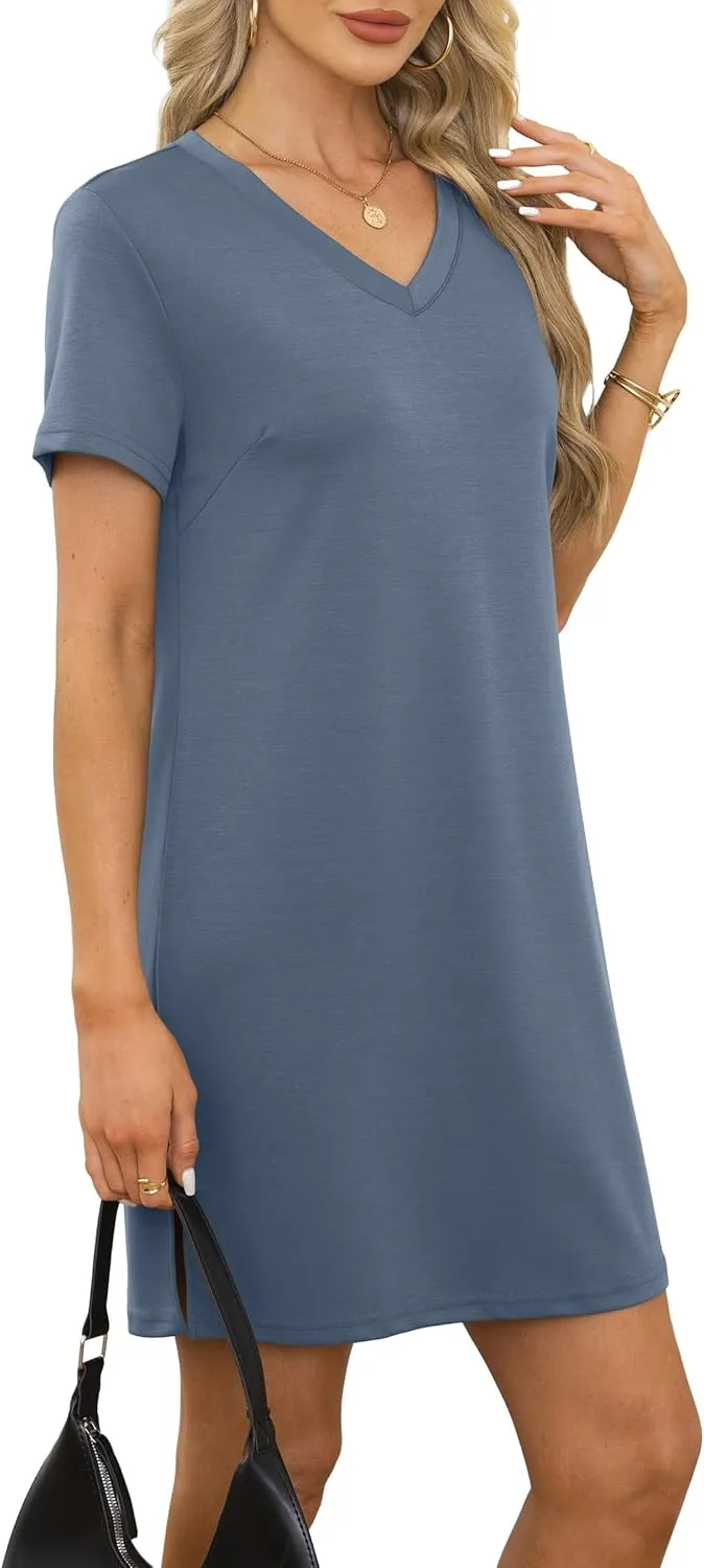 Summer Casual Dresses for Women 2025 Mini Vacation Dress V-Neck Short Sleeve Split Hem Beach Sundress
