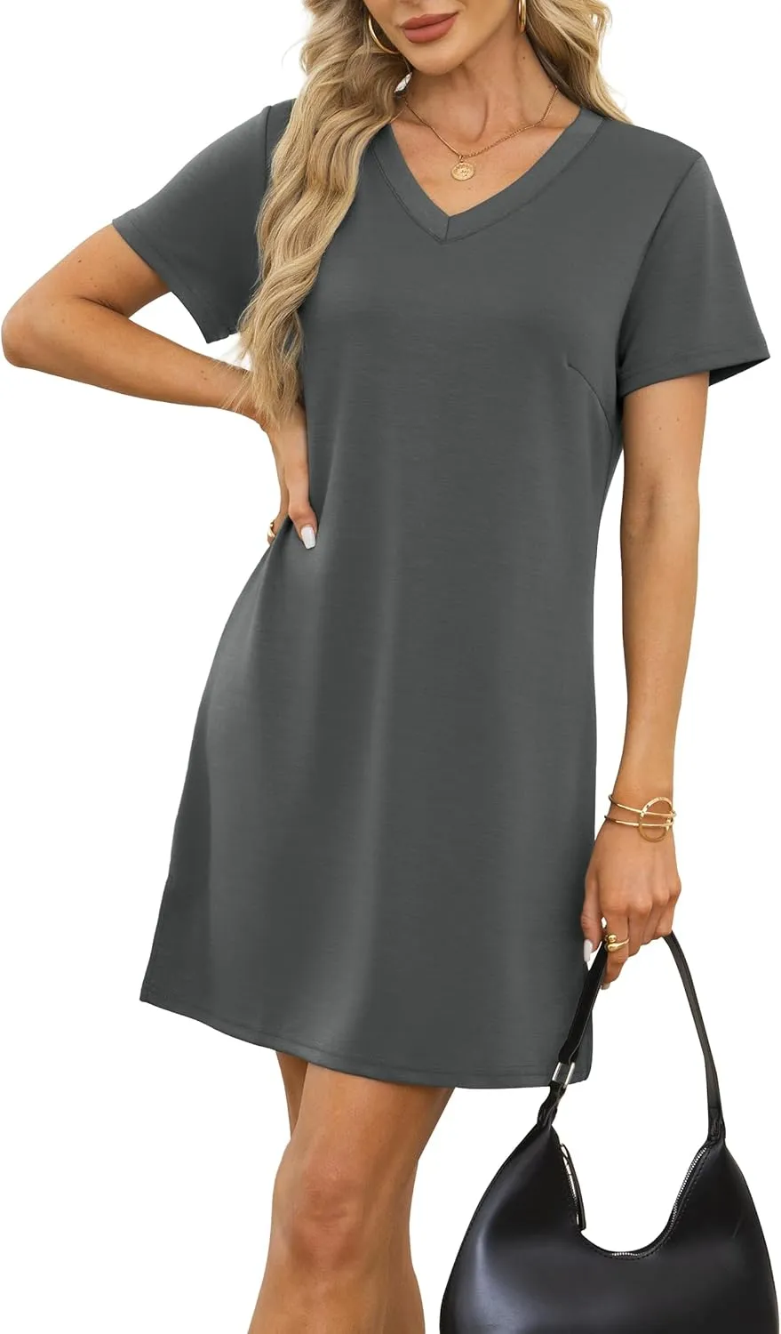 Summer Casual Dresses for Women 2025 Mini Vacation Dress V-Neck Short Sleeve Split Hem Beach Sundress