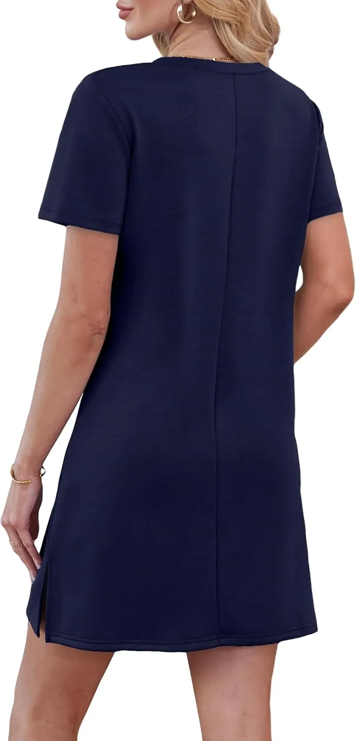Summer Casual Dresses for Women 2025 Mini Vacation Dress V-Neck Short Sleeve Split Hem Beach Sundress