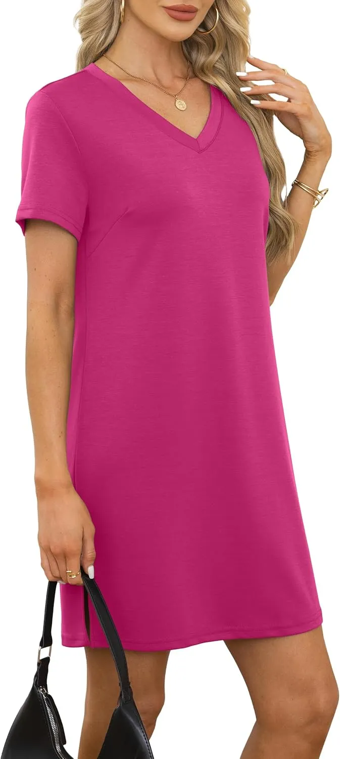 Summer Casual Dresses for Women 2025 Mini Vacation Dress V-Neck Short Sleeve Split Hem Beach Sundress