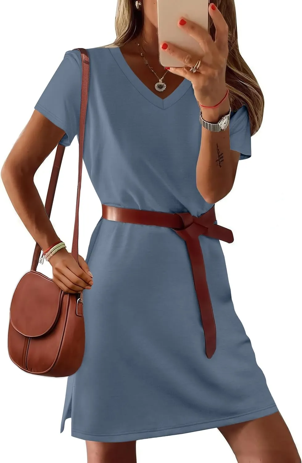 Summer Casual Dresses for Women 2025 Mini Vacation Dress V-Neck Short Sleeve Split Hem Beach Sundress