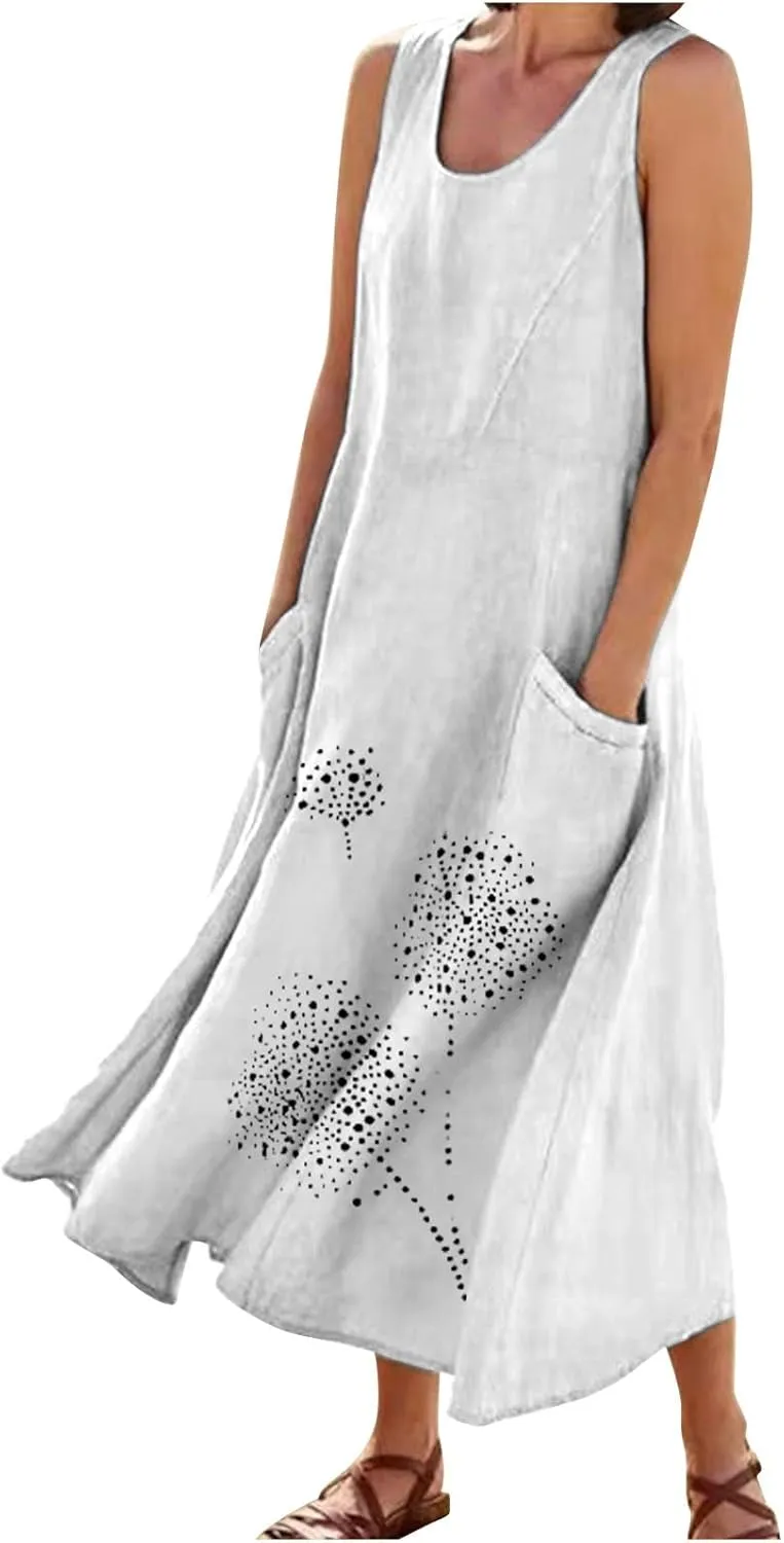 Summer Dresses for Women 2024 Casual Cotton Linen Crewneck Short Sleeve Dress with Pocket Plus Size Boho Long Dress