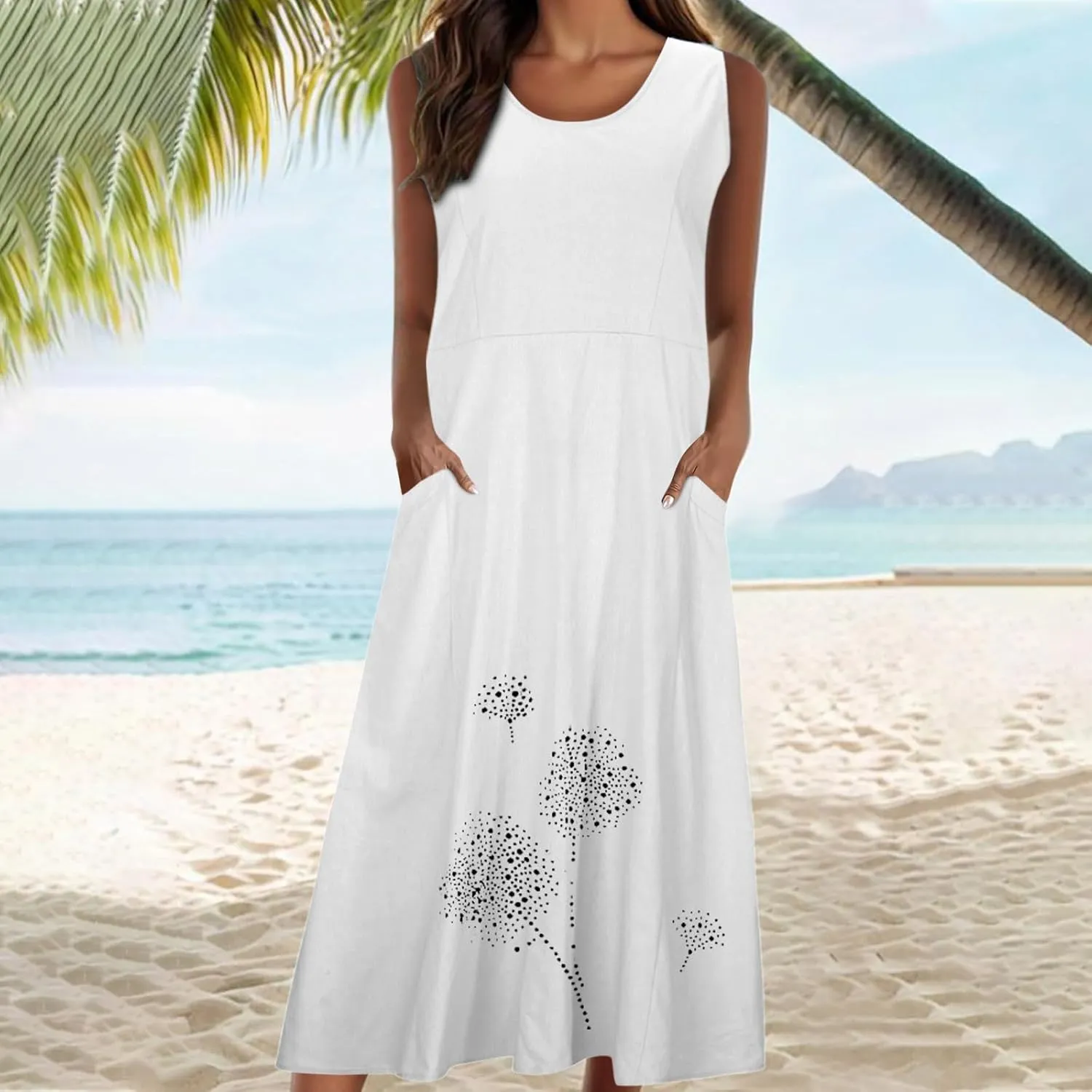 Summer Dresses for Women 2024 Casual Cotton Linen Crewneck Short Sleeve Dress with Pocket Plus Size Boho Long Dress
