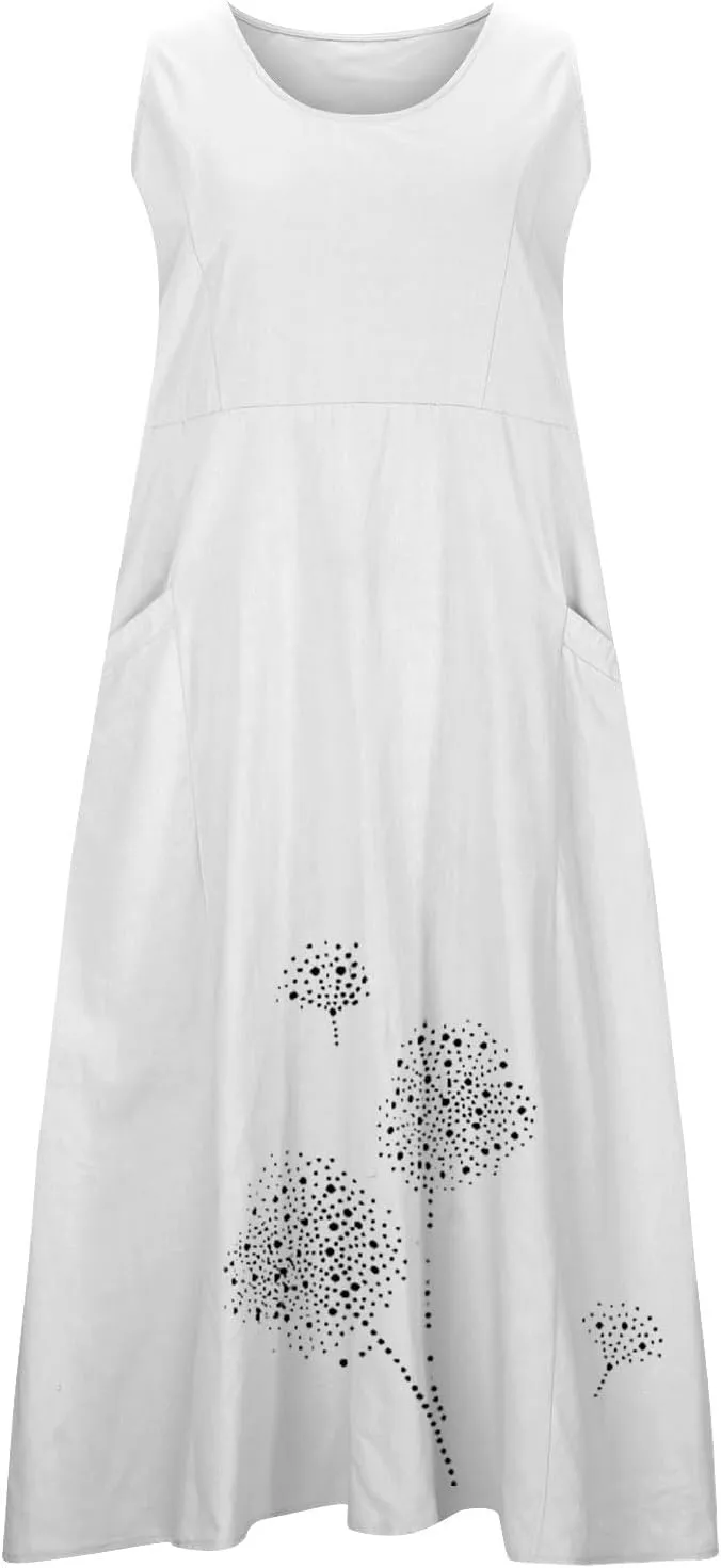 Summer Dresses for Women 2024 Casual Cotton Linen Crewneck Short Sleeve Dress with Pocket Plus Size Boho Long Dress