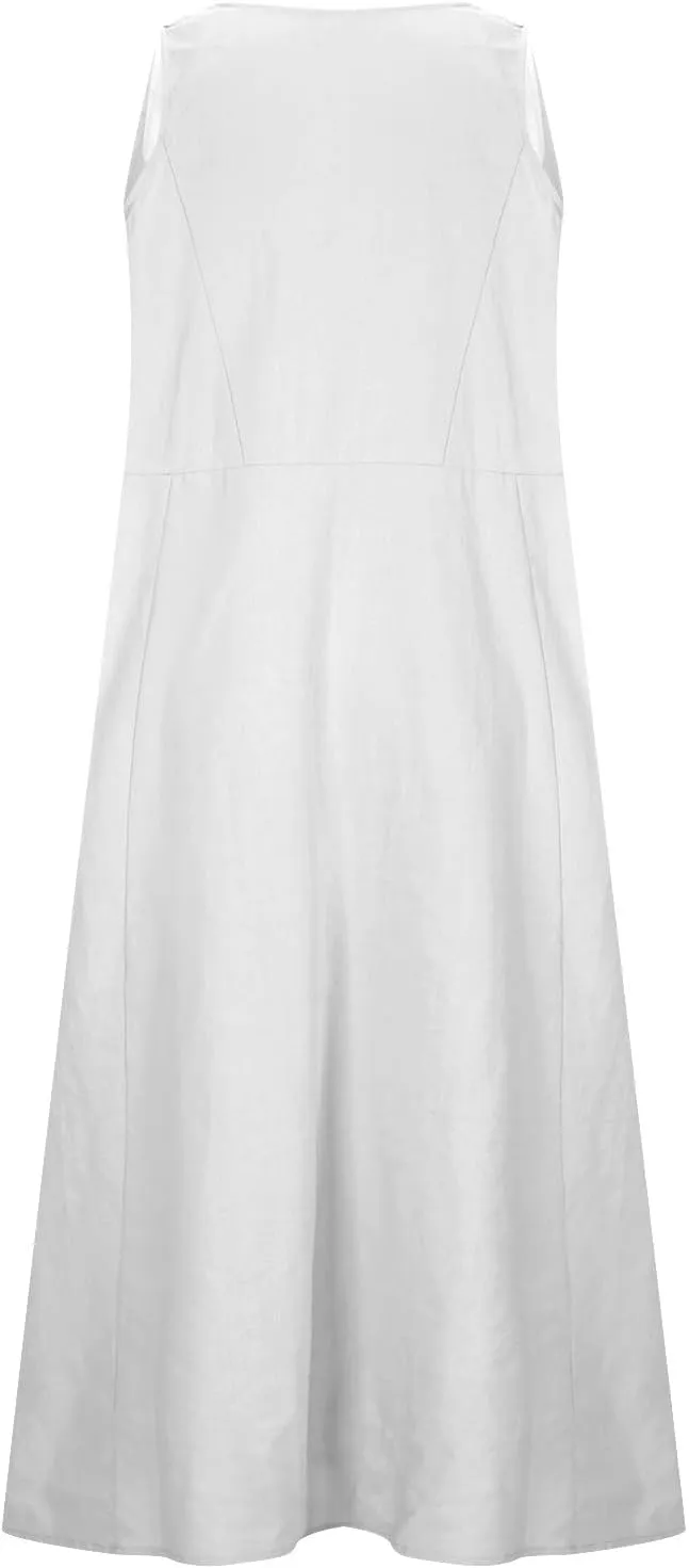 Summer Dresses for Women 2024 Casual Cotton Linen Crewneck Short Sleeve Dress with Pocket Plus Size Boho Long Dress