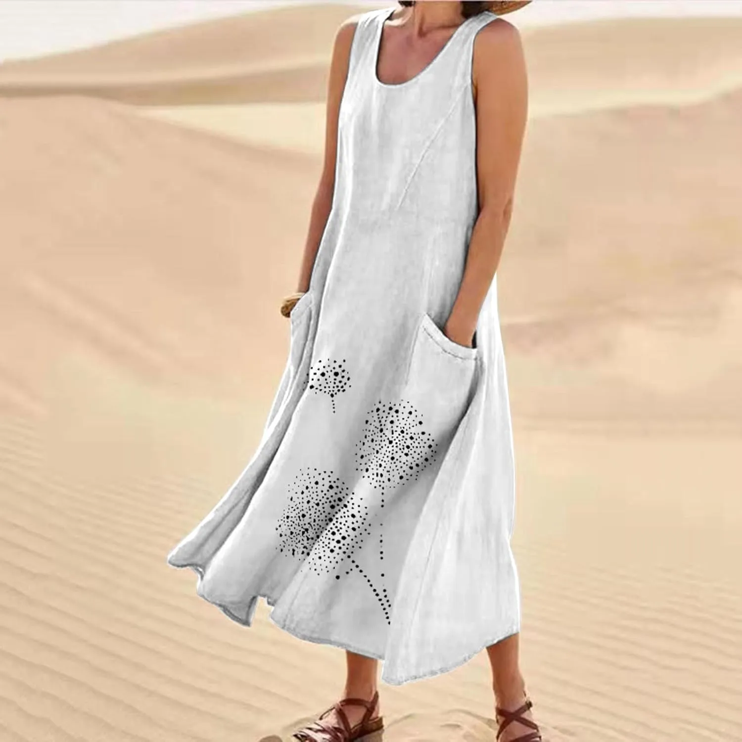 Summer Dresses for Women 2024 Casual Cotton Linen Crewneck Short Sleeve Dress with Pocket Plus Size Boho Long Dress