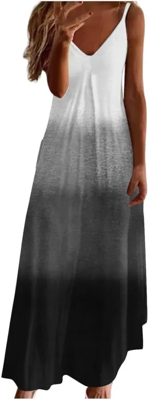 Summer Dresses for Women 2024 Casual V-Neck Long Dress Elegant A Line Sleeveless Printed Beach Sundress