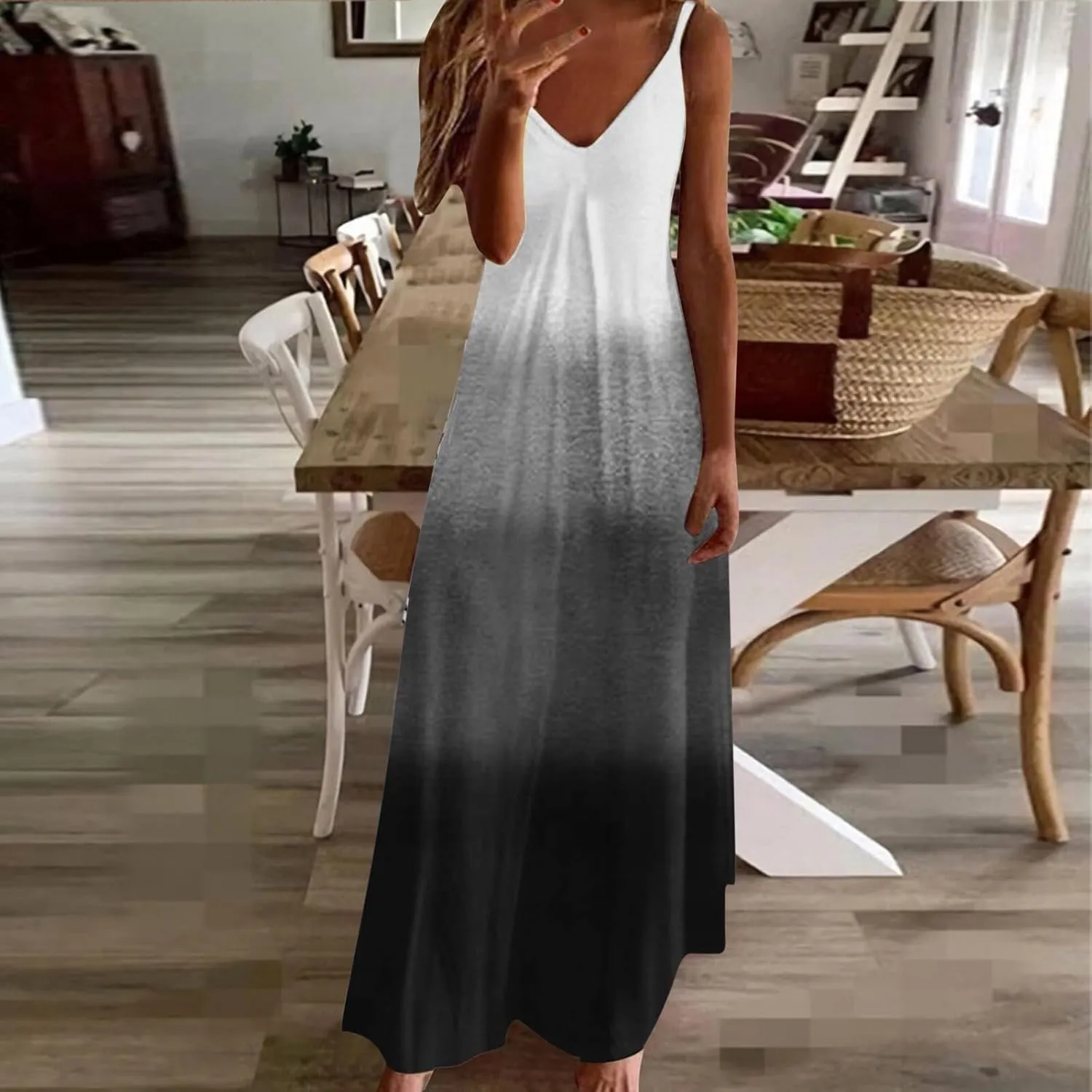 Summer Dresses for Women 2024 Casual V-Neck Long Dress Elegant A Line Sleeveless Printed Beach Sundress