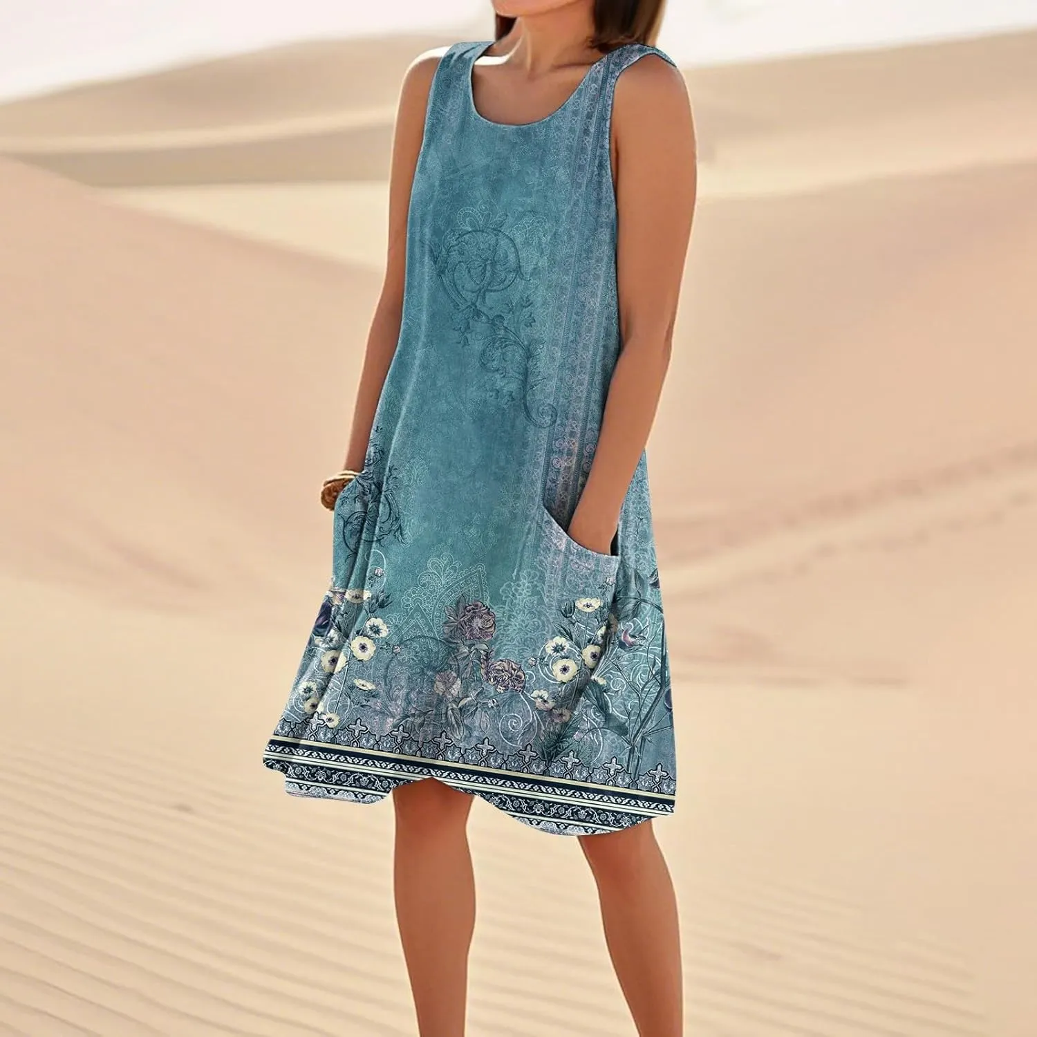 Summer Dresses for Women 2025 Beach U Neck Tank Dress Loose Sleeveless T Shirt Dress Casual Sundresses with Pockets