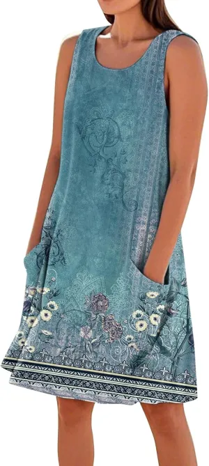 Summer Dresses for Women 2025 Beach U Neck Tank Dress Loose Sleeveless T Shirt Dress Casual Sundresses with Pockets