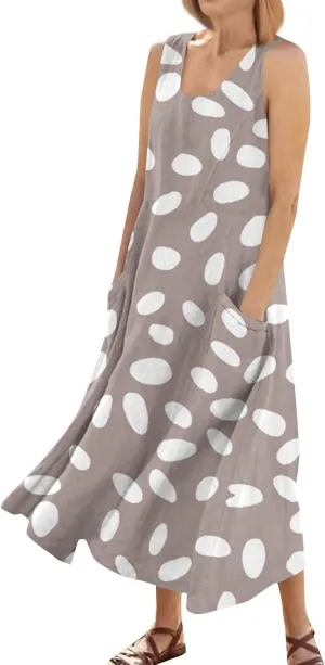 Summer Dresses for Women 2025 Casual Crew Neck Sleeveless Maxi Dress Loose Flowy Floral Beach Sundress with Pockets