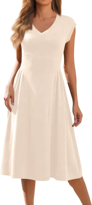 Summer Dresses for Women 2025 Casual V Neck Cap Sleeve Midi Dress Pleated Flowy Business Formal A Line Dresses