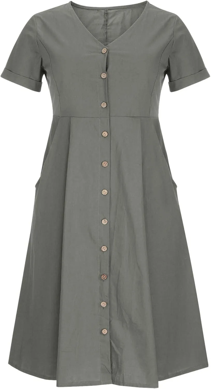 Summer Dresses for Women 2025 Plus Size Flowy Cotton Linen Button Down Sundress Short Sleeve Vacation Beach Dress