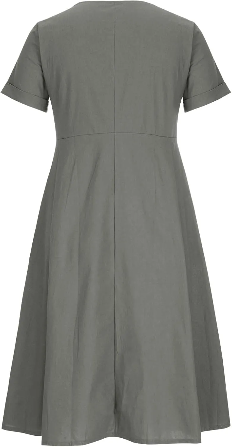 Summer Dresses for Women 2025 Plus Size Flowy Cotton Linen Button Down Sundress Short Sleeve Vacation Beach Dress