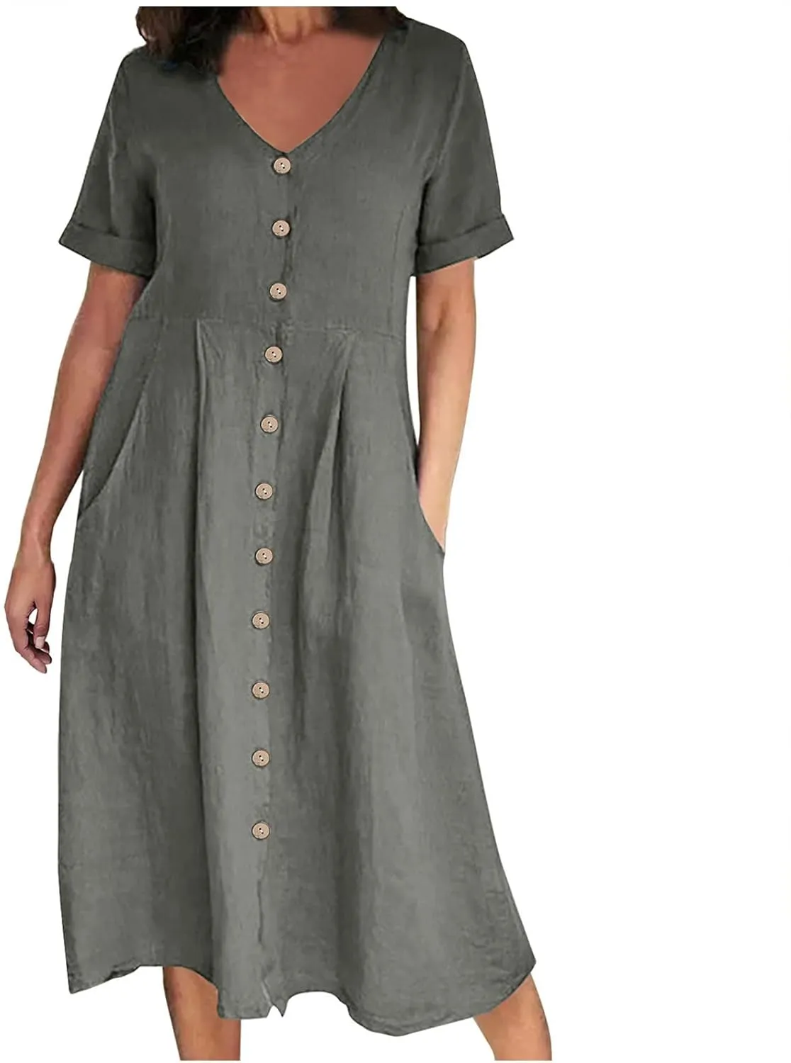 Summer Dresses for Women 2025 Plus Size Flowy Cotton Linen Button Down Sundress Short Sleeve Vacation Beach Dress
