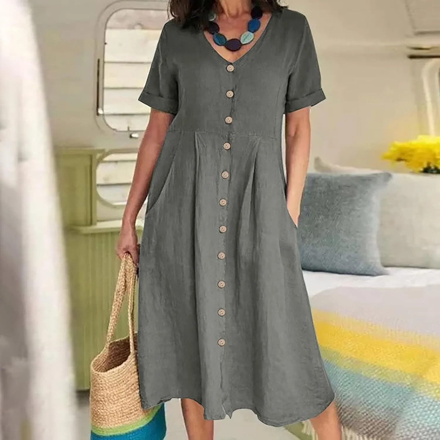 Summer Dresses for Women 2025 Plus Size Flowy Cotton Linen Button Down Sundress Short Sleeve Vacation Beach Dress