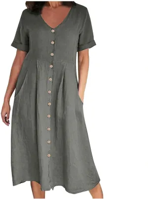 Summer Dresses for Women 2025 Plus Size Flowy Cotton Linen Button Down Sundress Short Sleeve Vacation Beach Dress