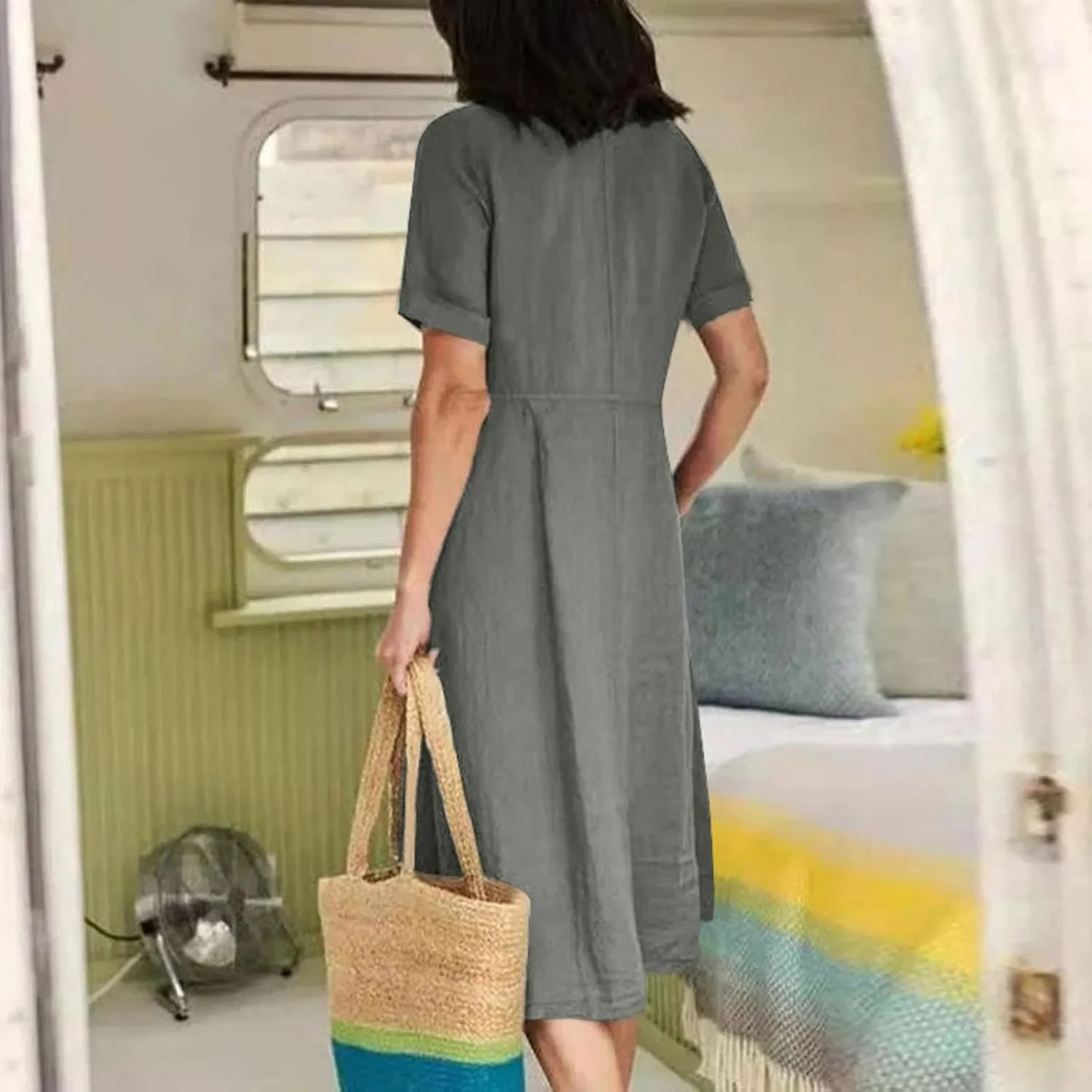 Summer Dresses for Women 2025 Plus Size Flowy Cotton Linen Button Down Sundress Short Sleeve Vacation Beach Dress