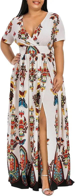 Summer Dresses for Women 2025 Plus Size Wedding Guest Dress Casual Print Boho High Low V-Neck Maxi Beach Dress