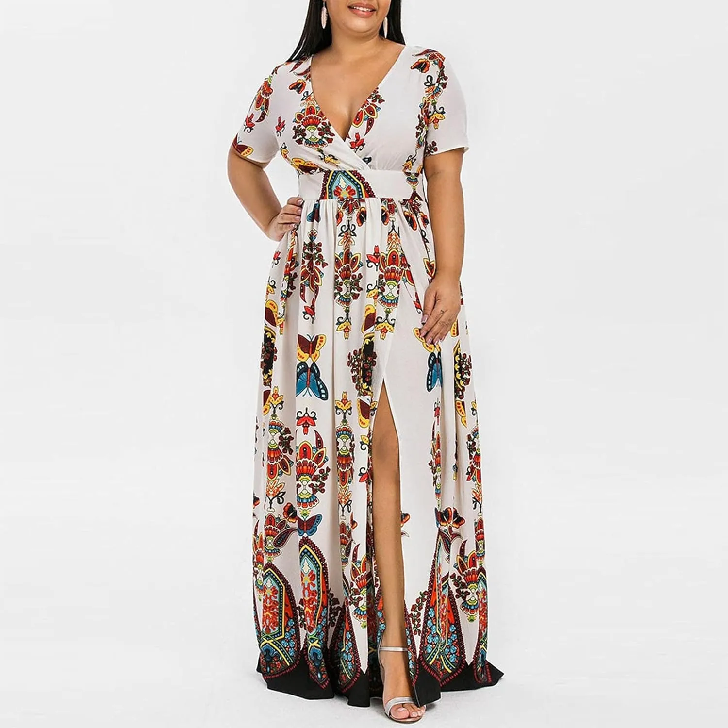 Summer Dresses for Women 2025 Plus Size Wedding Guest Dress Casual Print Boho High Low V-Neck Maxi Beach Dress