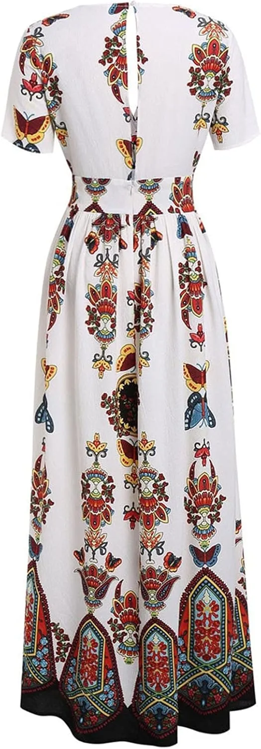 Summer Dresses for Women 2025 Plus Size Wedding Guest Dress Casual Print Boho High Low V-Neck Maxi Beach Dress
