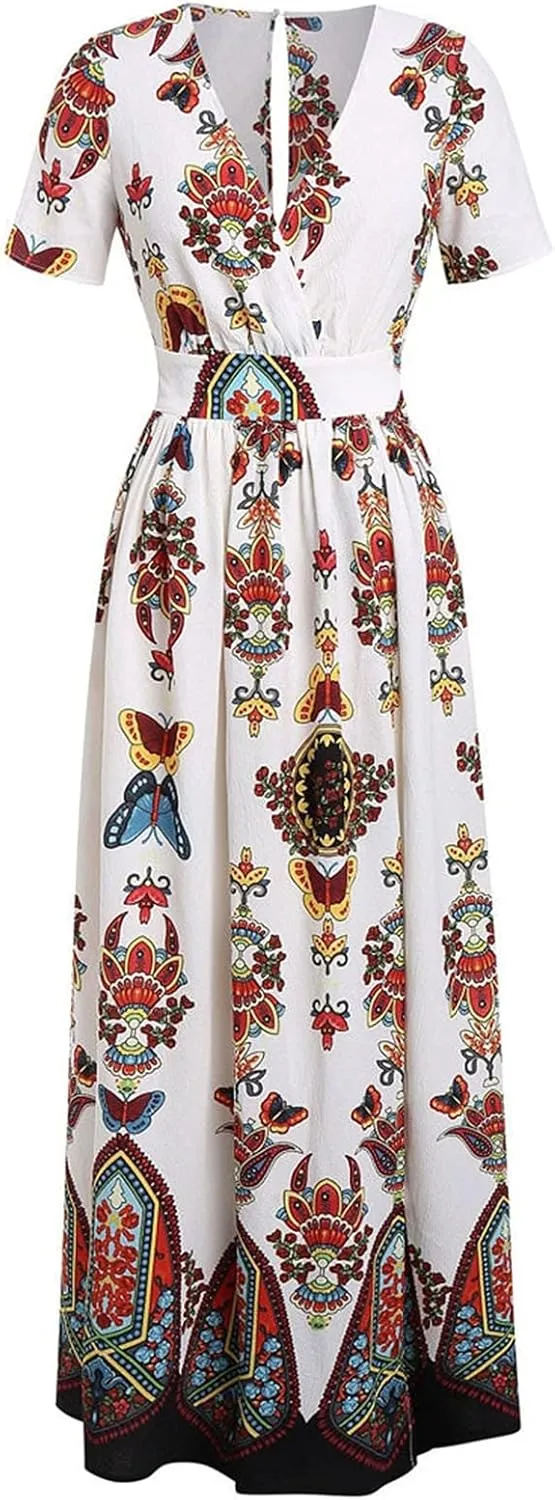 Summer Dresses for Women 2025 Plus Size Wedding Guest Dress Casual Print Boho High Low V-Neck Maxi Beach Dress
