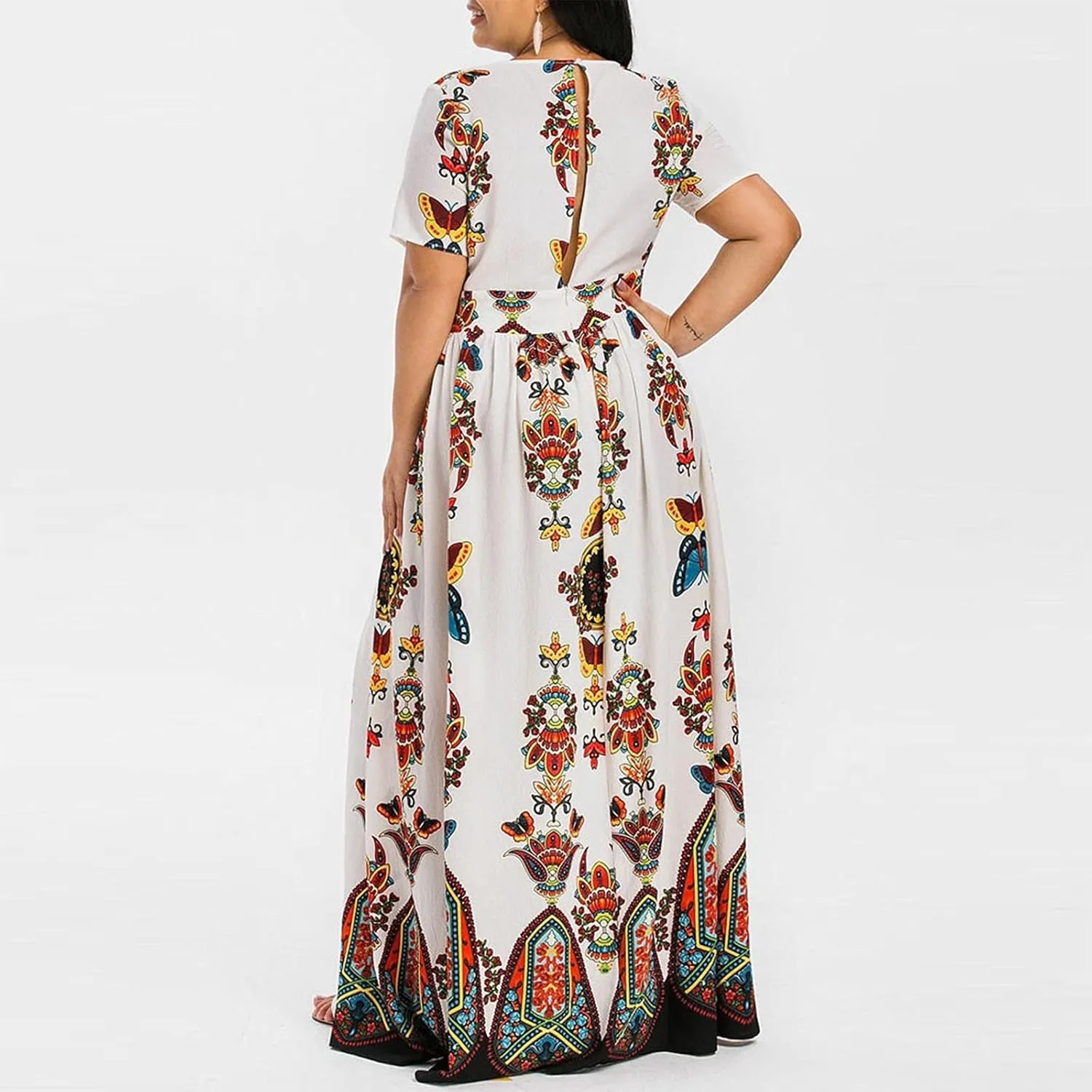 Summer Dresses for Women 2025 Plus Size Wedding Guest Dress Casual Print Boho High Low V-Neck Maxi Beach Dress