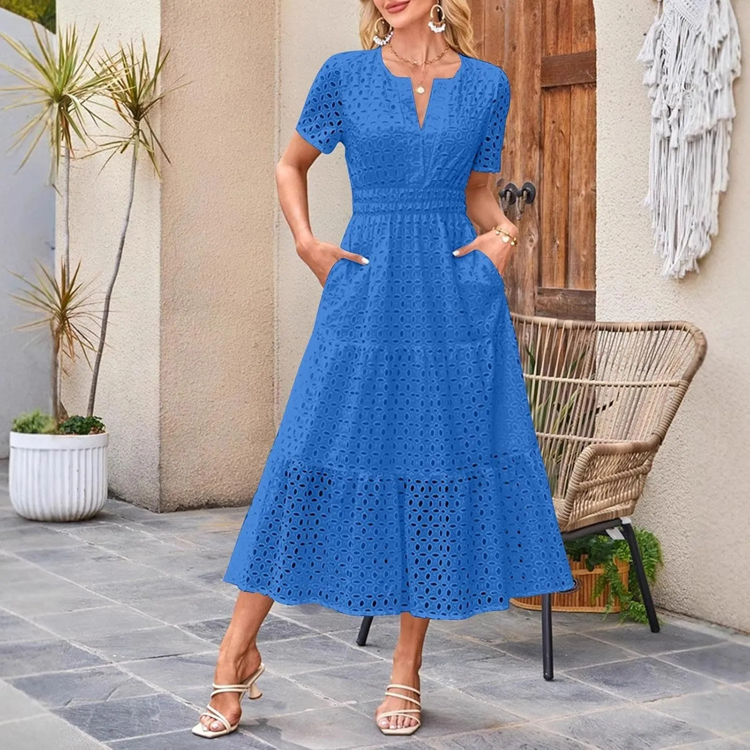 Summer Dresses for Women 2025 Short Sleeve Eyelet Cover Ups Long Dress Boho Dressy Casual Maxi Dresses with Pockets