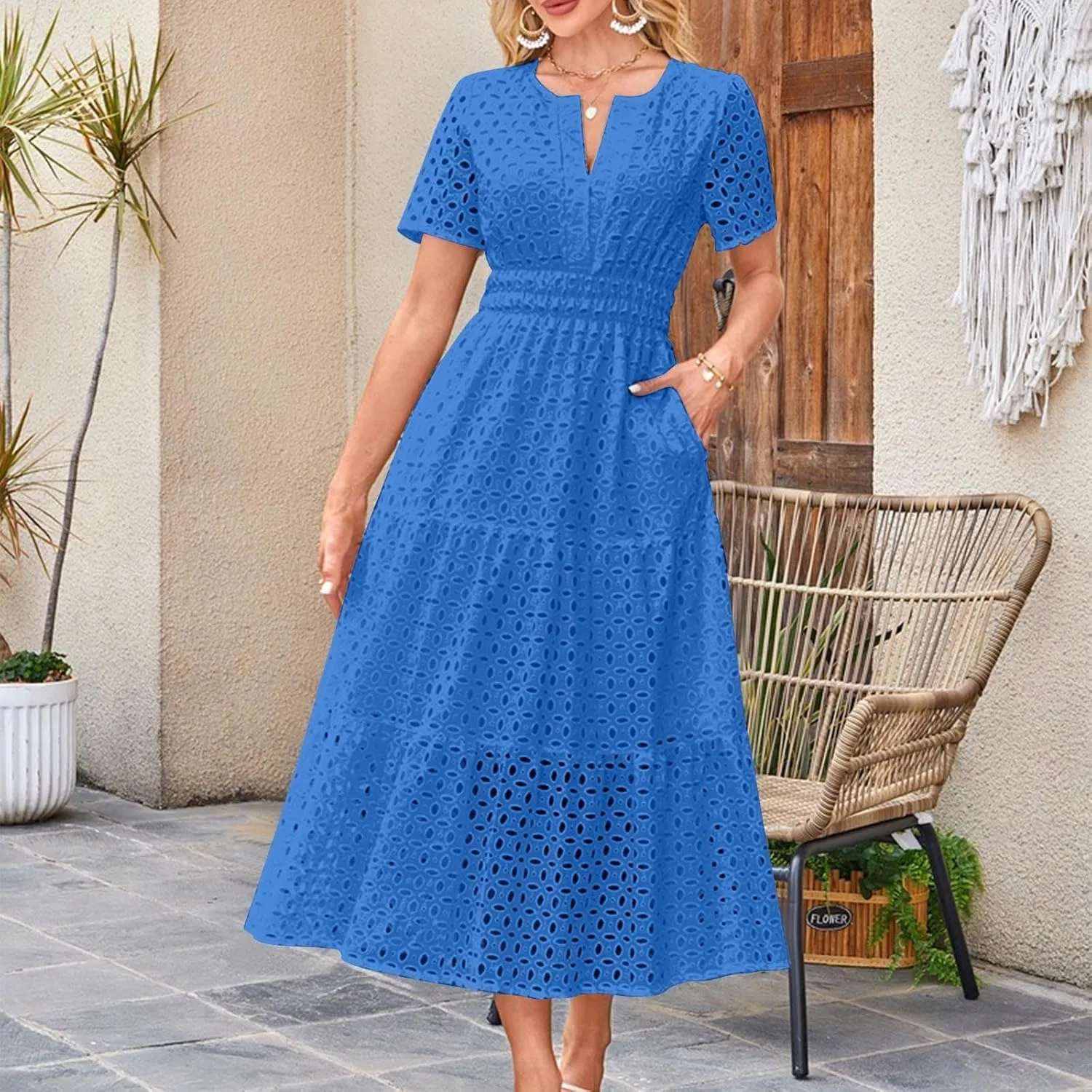 Summer Dresses for Women 2025 Short Sleeve Eyelet Cover Ups Long Dress Boho Dressy Casual Maxi Dresses with Pockets