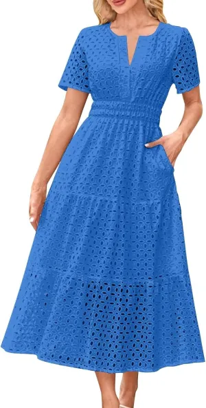 Summer Dresses for Women 2025 Short Sleeve Eyelet Cover Ups Long Dress Boho Dressy Casual Maxi Dresses with Pockets