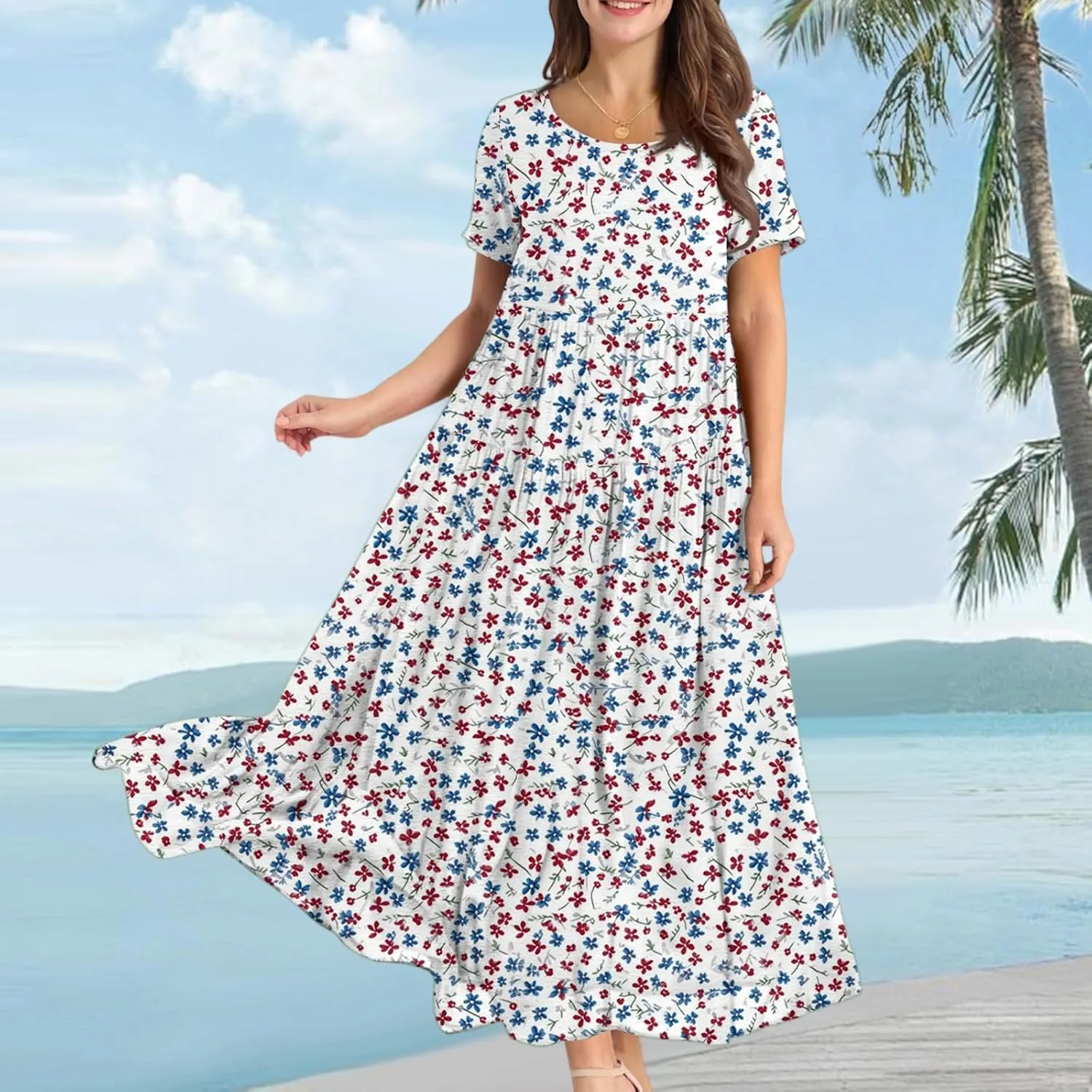 Summer Dresses for Women 2025 Short Sleeve Long Maxi Casual Loose Bohemian Floral Dresses;Womens Fashion