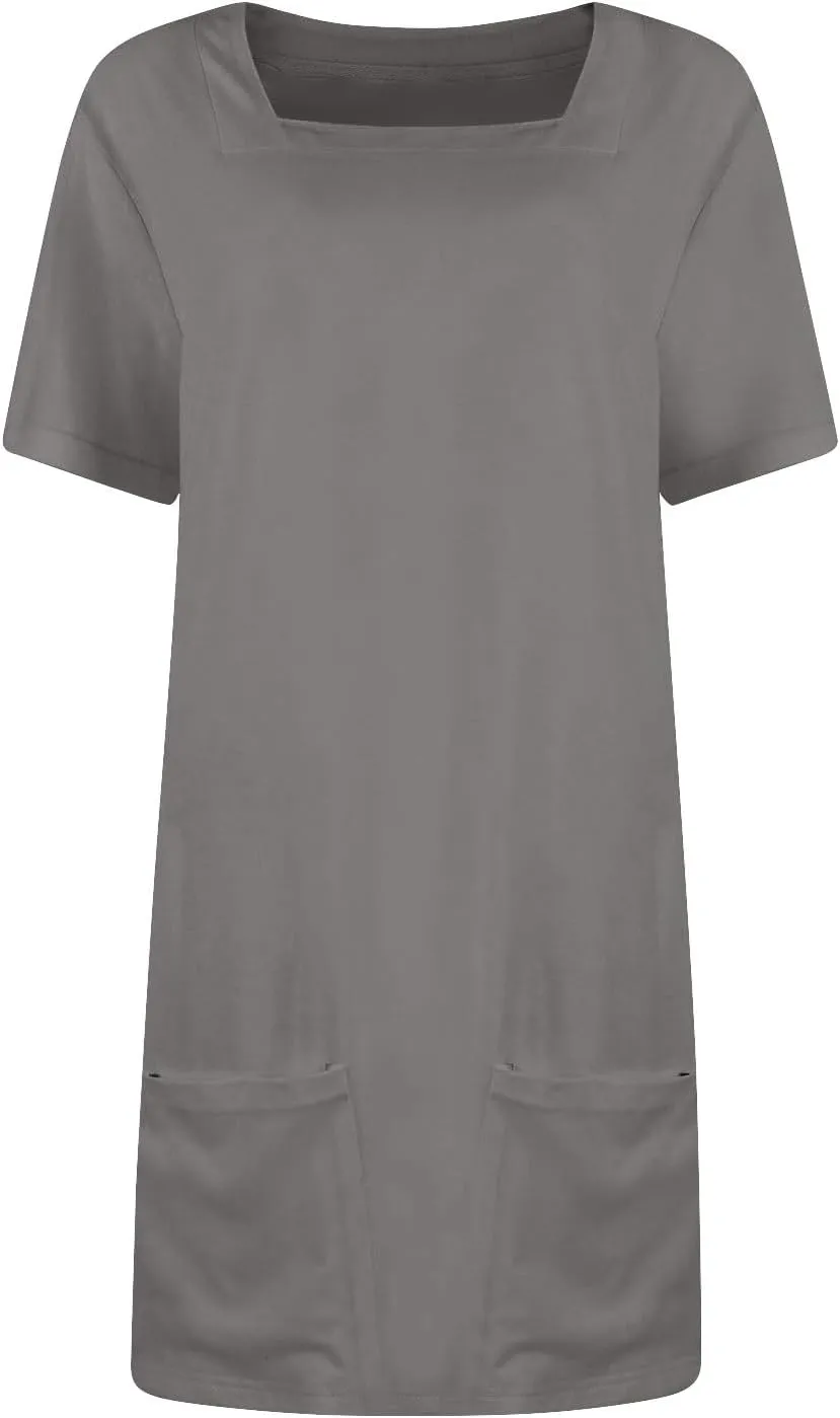 Summer Dresses for Women 2025 Square Neck Short Sleeve Tshirt Dress Knee Length Sundress Holiday Casual Frock with Pockets