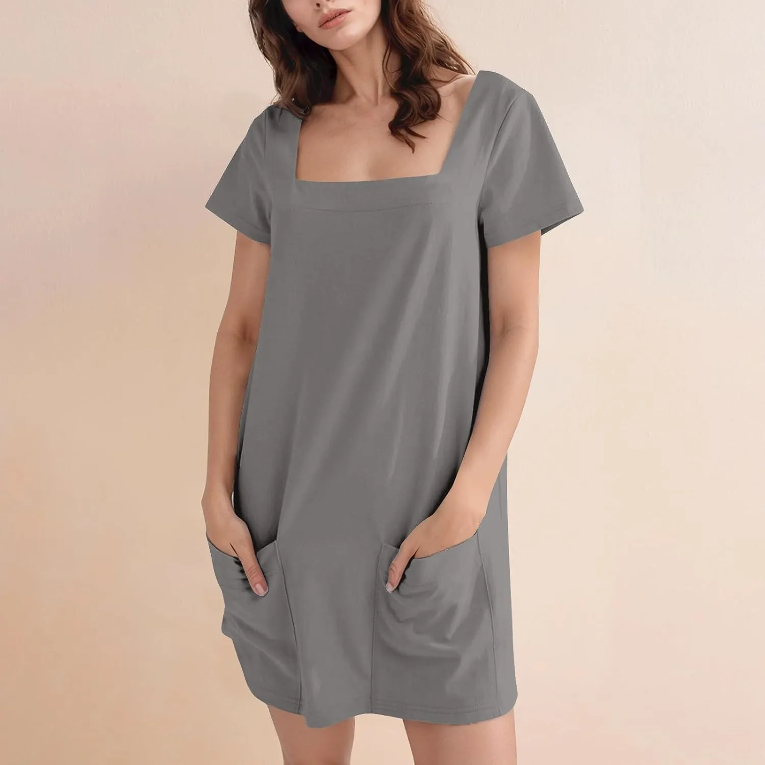Summer Dresses for Women 2025 Square Neck Short Sleeve Tshirt Dress Knee Length Sundress Holiday Casual Frock with Pockets