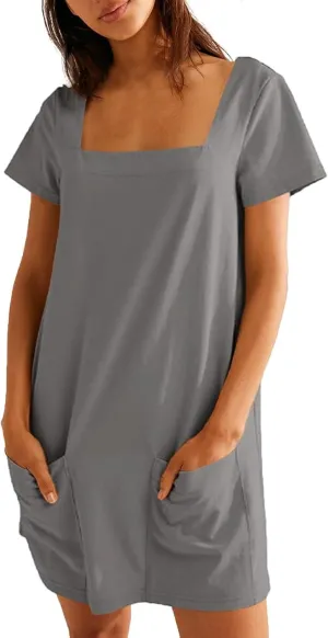 Summer Dresses for Women 2025 Square Neck Short Sleeve Tshirt Dress Knee Length Sundress Holiday Casual Frock with Pockets