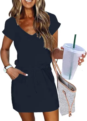 Summer Dresses for Women 2025,Casual Sun Dresses Short Sleeve v Neck Beach Vacation midi Dresses with Pockets