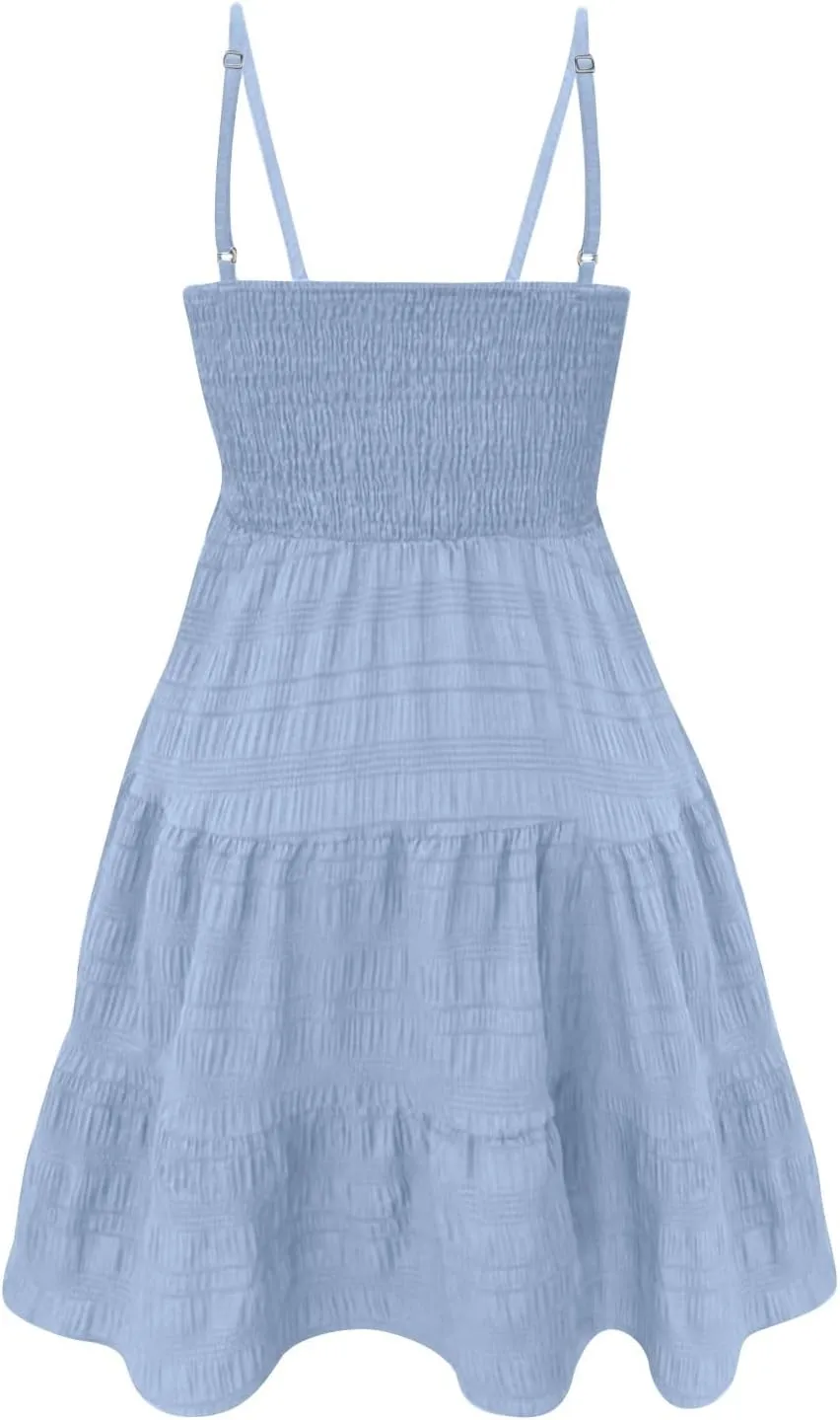 Summer Dresses for Women Sleeveless Mini Dress Spaghetti Strap Ruffle Hem Sundress Tiered Elastic Textured Dress