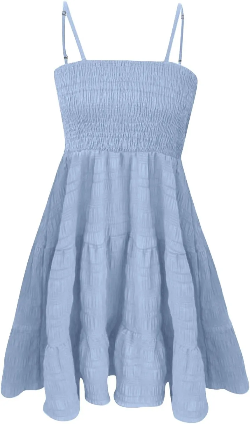 Summer Dresses for Women Sleeveless Mini Dress Spaghetti Strap Ruffle Hem Sundress Tiered Elastic Textured Dress