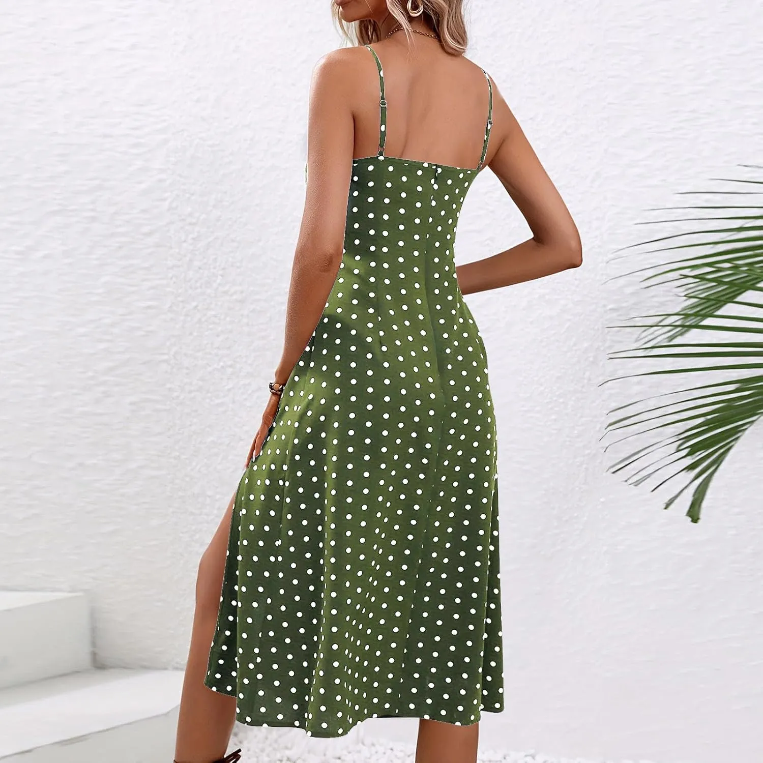 Summer Dresses for Women Sleeveless Spaghetti Straps Split Sundress Casual Polka Dot Print Dress Elegant Midi Dress