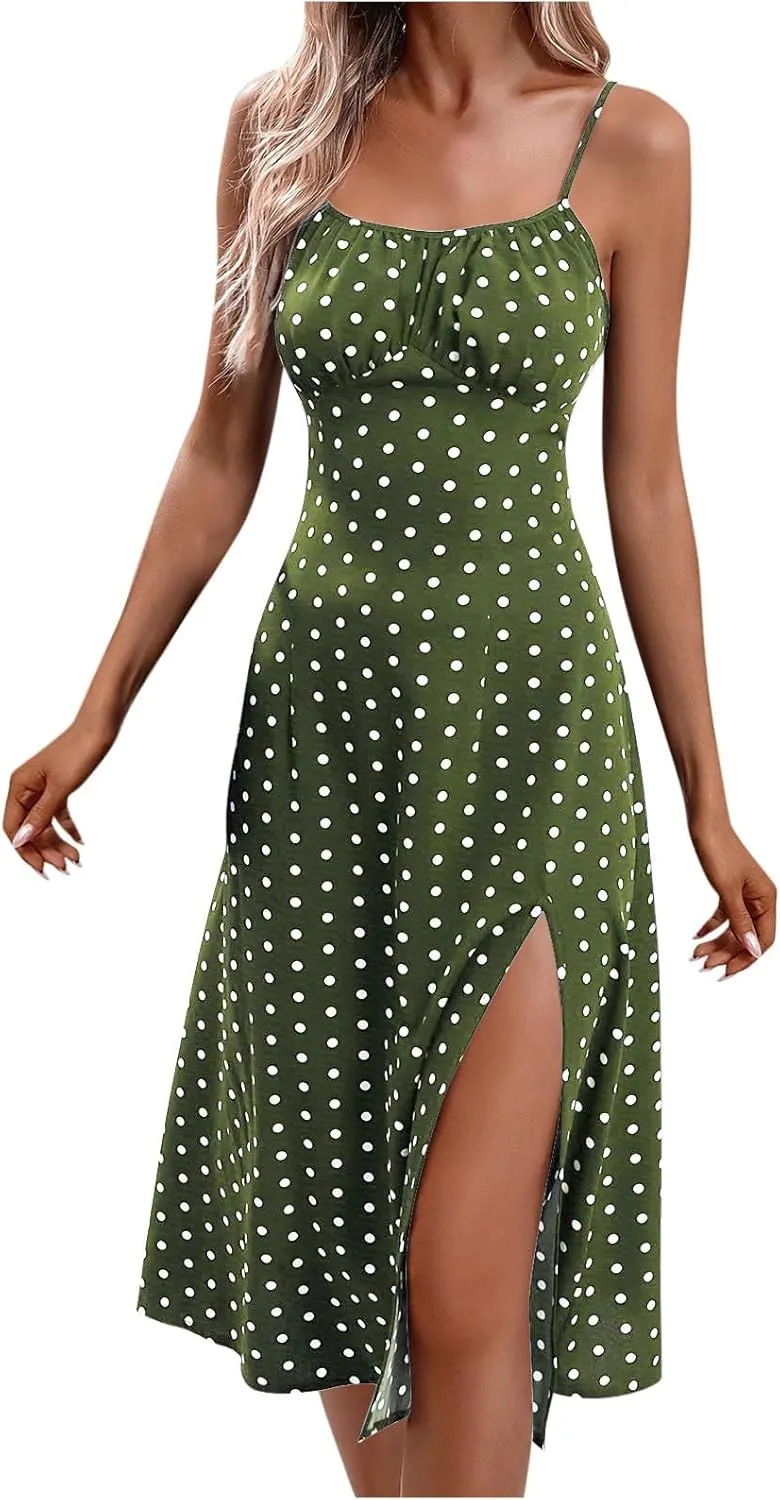 Summer Dresses for Women Sleeveless Spaghetti Straps Split Sundress Casual Polka Dot Print Dress Elegant Midi Dress
