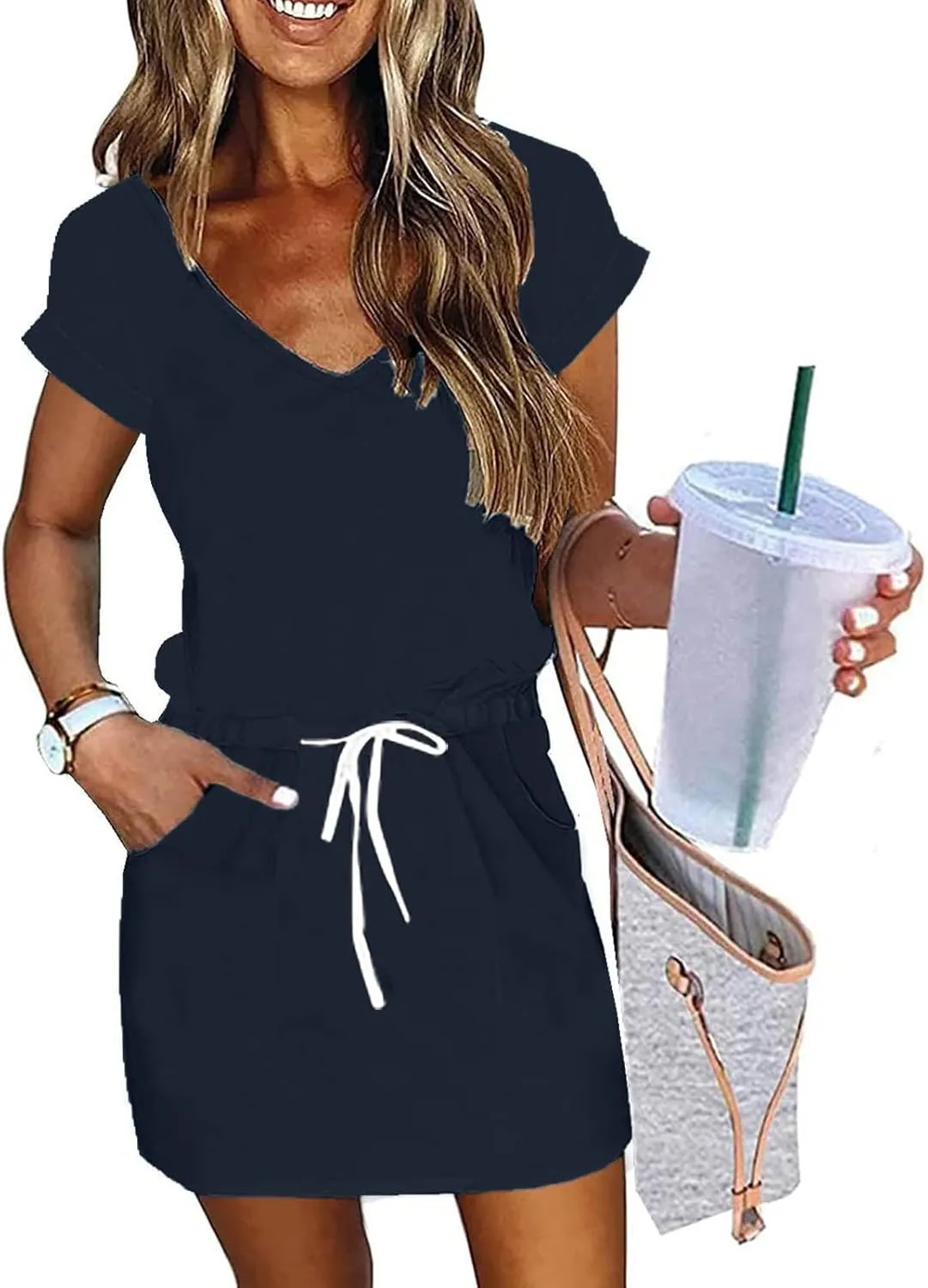 Summer Midi Dress for Women Waist Drawstring Short Sleeve V Neck A Line Loose Casual Short Sundress with Pockets 2025