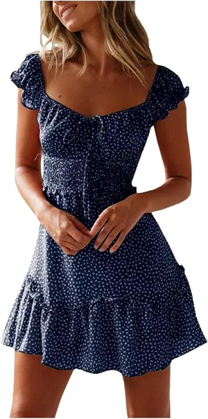 Summer Womens Smocked Dresses Ruffle Floral Tie Front Boho Sundress Polka Dot Sexy Fashion Print Neckline Mini Dress