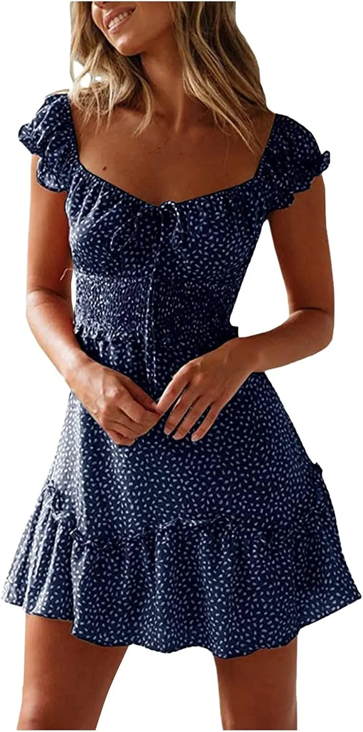 Summer Womens Smocked Dresses Ruffle Floral Tie Front Boho Sundress Polka Dot Sexy Fashion Print Neckline Mini Dress