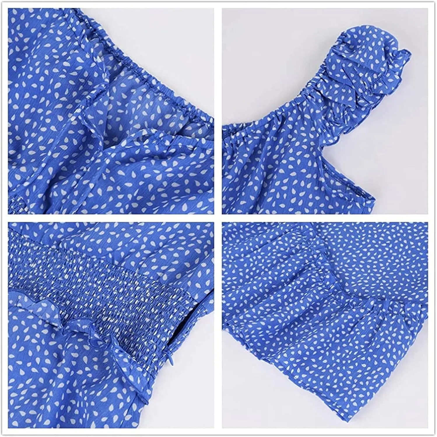 Summer Womens Smocked Dresses Ruffle Floral Tie Front Boho Sundress Polka Dot Sexy Fashion Print Neckline Mini Dress