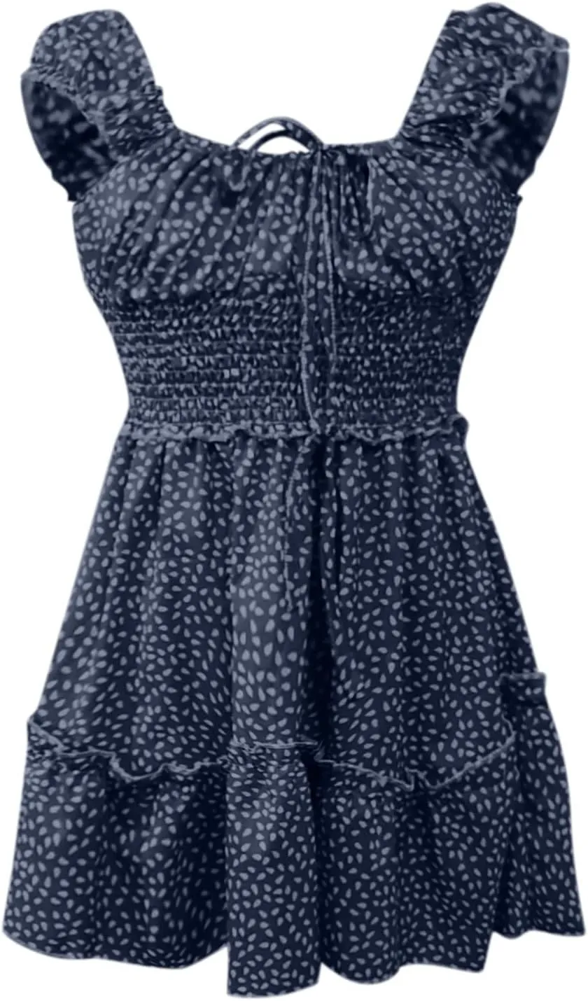 Summer Womens Smocked Dresses Ruffle Floral Tie Front Boho Sundress Polka Dot Sexy Fashion Print Neckline Mini Dress