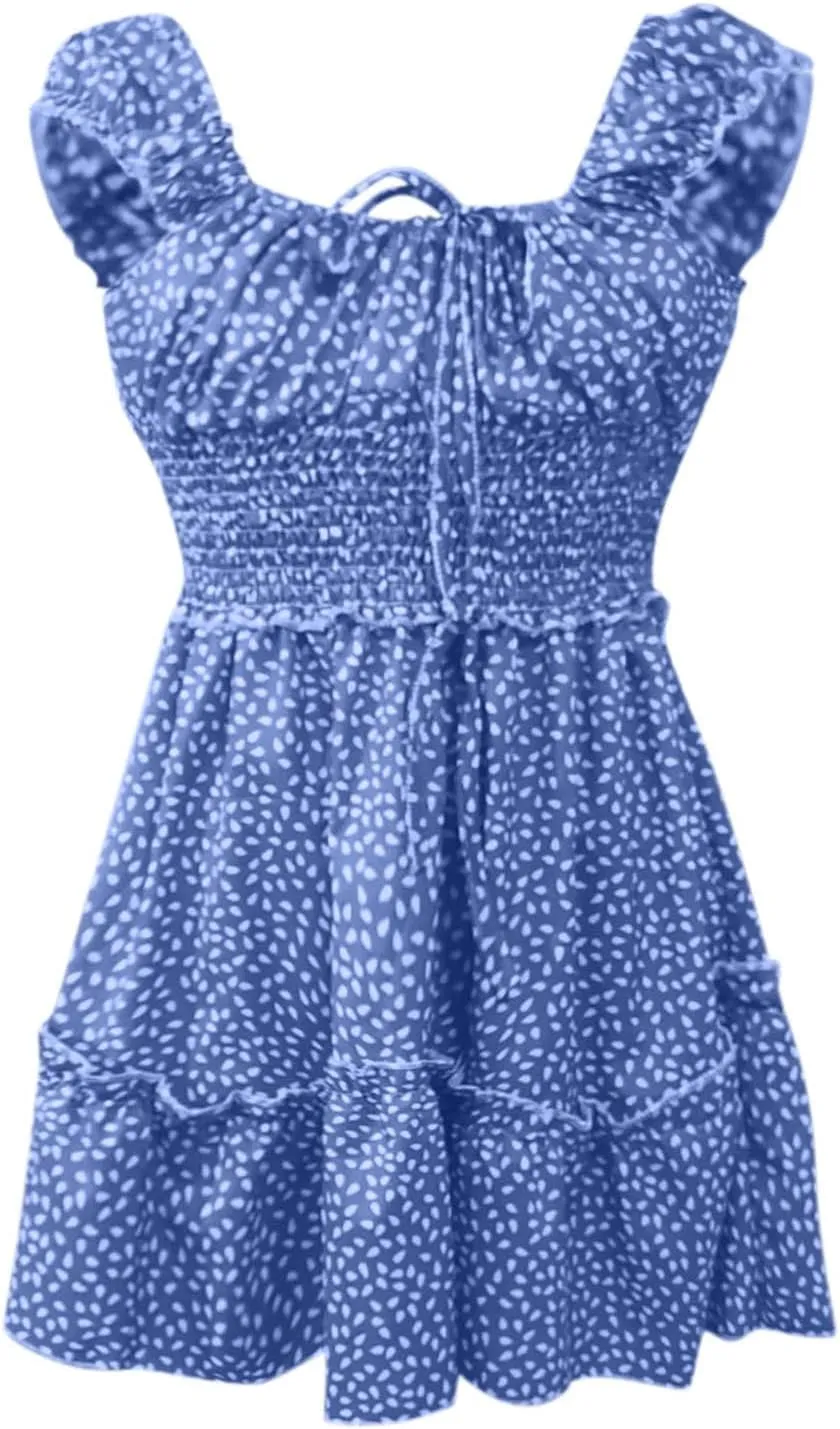 Summer Womens Smocked Dresses Ruffle Floral Tie Front Boho Sundress Polka Dot Sexy Fashion Print Neckline Mini Dress
